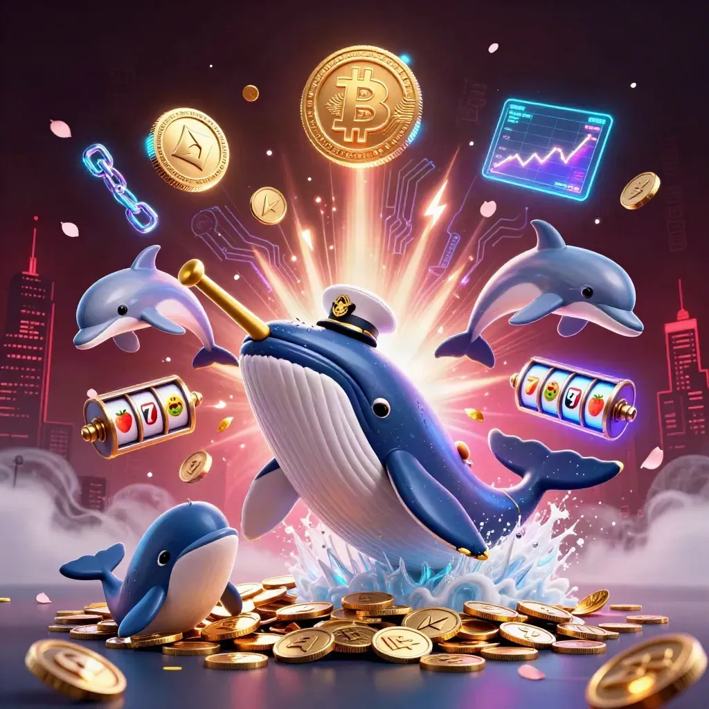 Whale captain, narwhal, and dolphins burst through coins amid neon casino crypto effects.