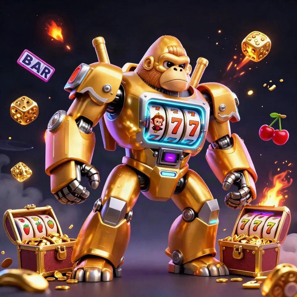 Golden gorilla mech with tiny monkey pilot, slot reels, jackpot bursts, and neon casino energy