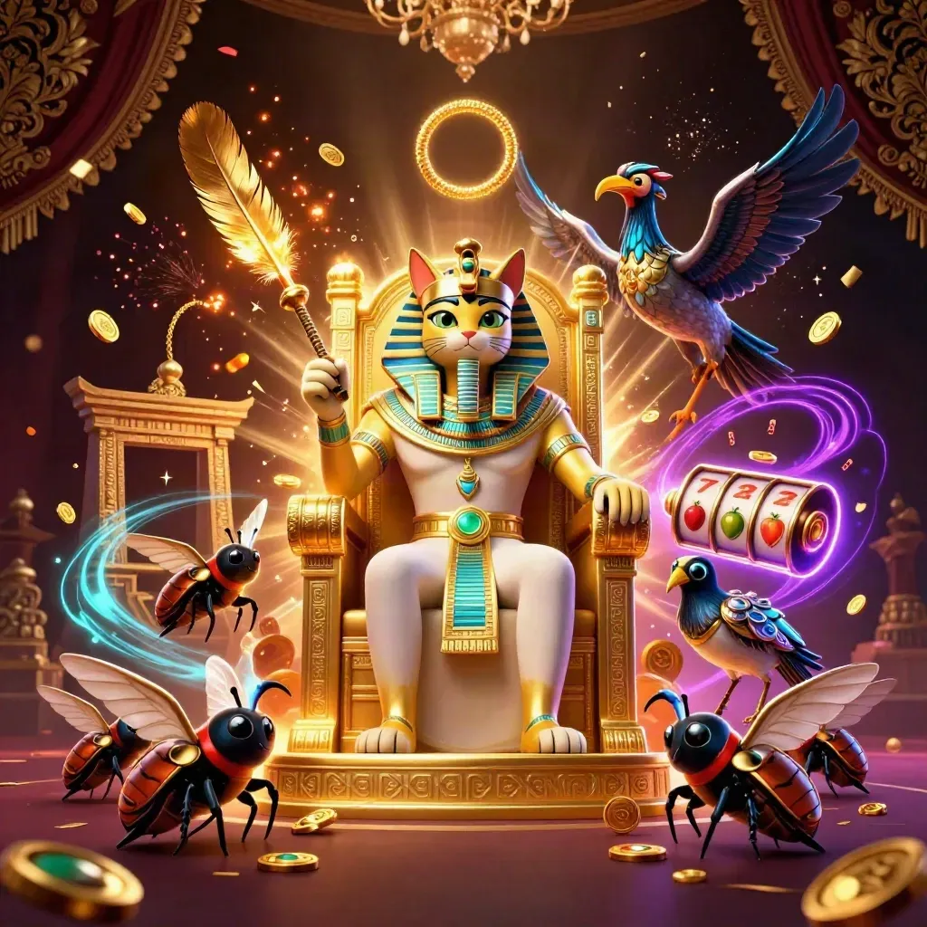 Pharaoh cat, ibis scribe, and scarab swarm amid casino relics and glowing cyan magic.