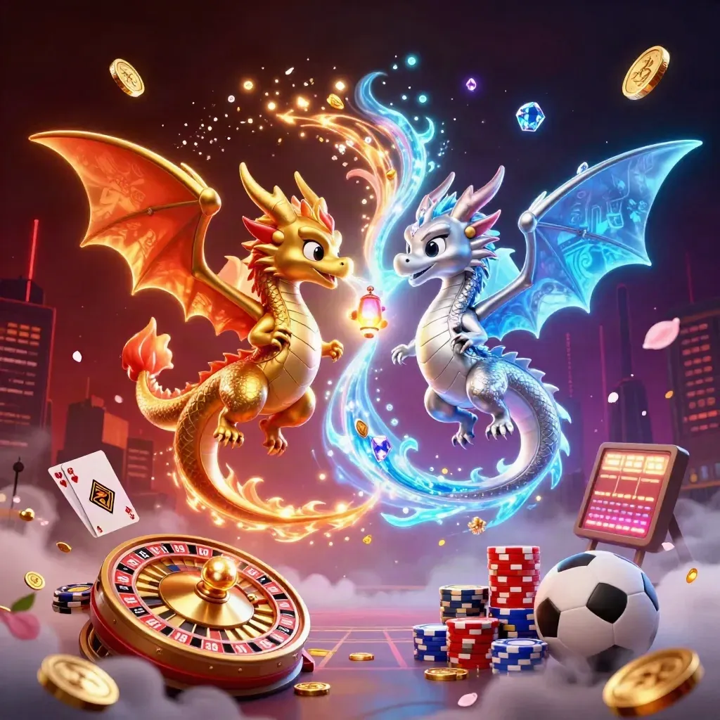 Twin gold and silver dragons with casino icons and neon fire on a dark luxe background.