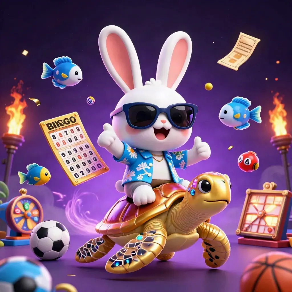 Rabbit on golden turtle amid casino game items, neon-lit and sparkling in space