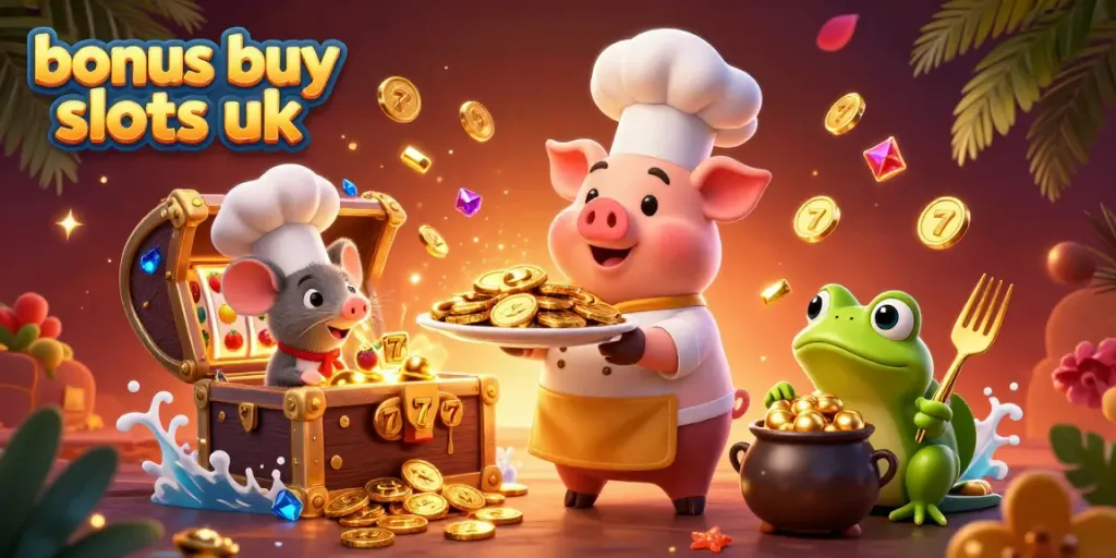Engage with dynamic bonus buy slots uk scene featuring a gourmet pig chef serving coins among lively gaming elements.