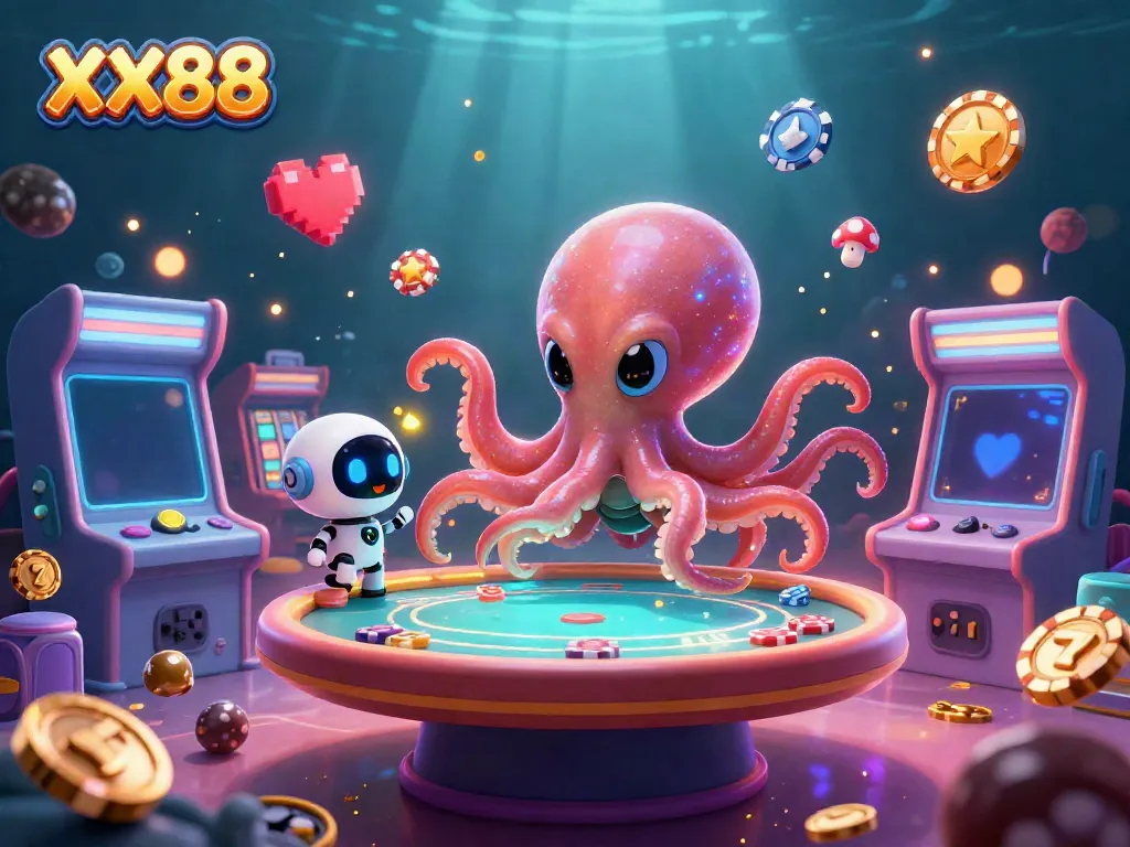 Engage in thrilling poker action at XX88 with an alien octopus and robot friend amidst a vibrant casino setting.