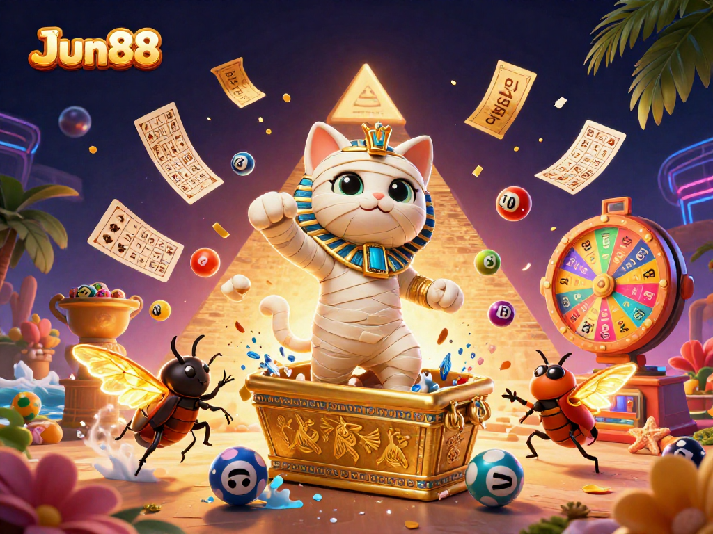 Experience JJun88's thrilling casino atmosphere with an Egyptian mummy cat and thrilling lottery elements.