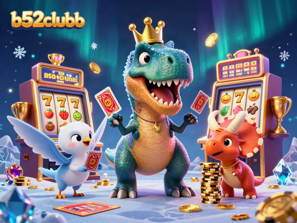 Experience b52clubb with a lively scene featuring a T-Rex and friends engaged in casino fun.