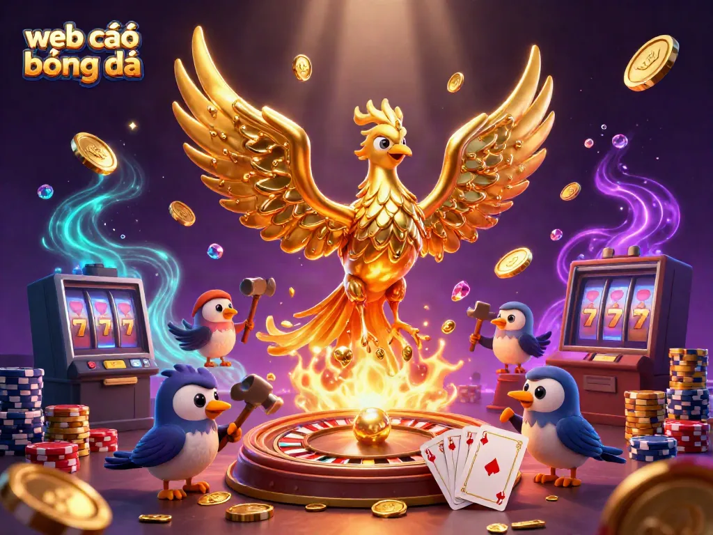 Engage in thrilling action with web cá độ bóng đá, featuring a golden phoenix and dynamic casino elements.