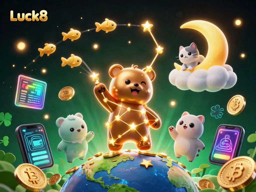Luck8's vibrant online casino scene featuring dazzling characters, crypto coins, and dynamic gaming elements.