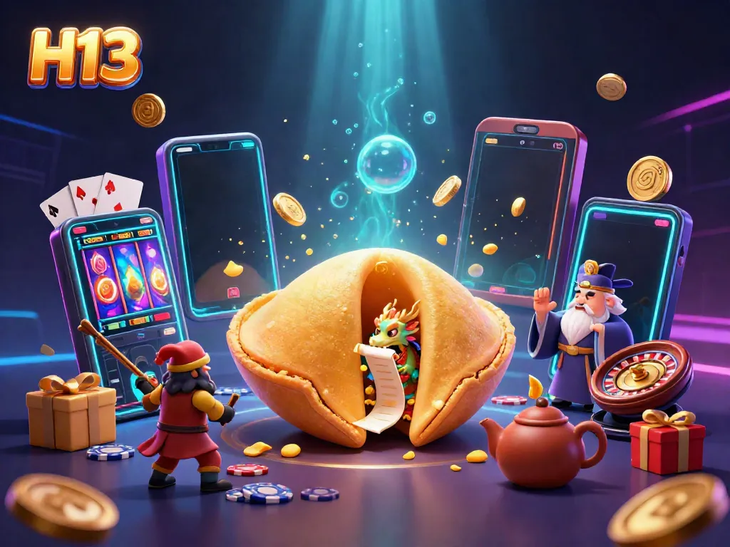 Experience H13 with vibrant gaming elements in a visually rich 3D scene featuring a golden fortune cookie and dynamic casino games.