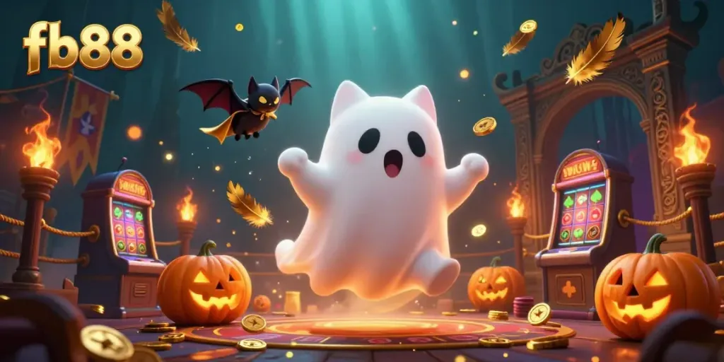 Engage in thrilling adventures at fb88 with a lively ghost cat and bat in a vibrant haunted casino.