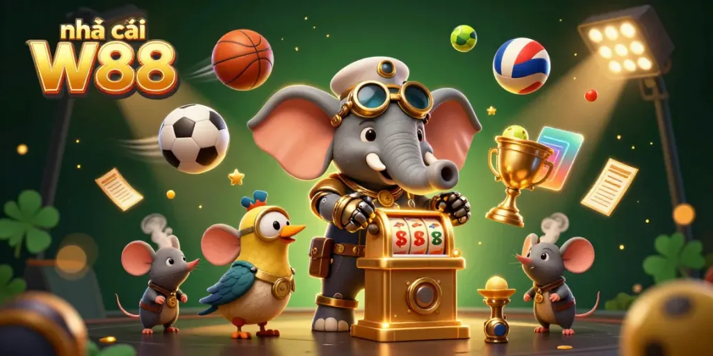 Spin winning reels at nhà cái W88 with a steampunk elephant and playful assistants in an exciting casino scene.