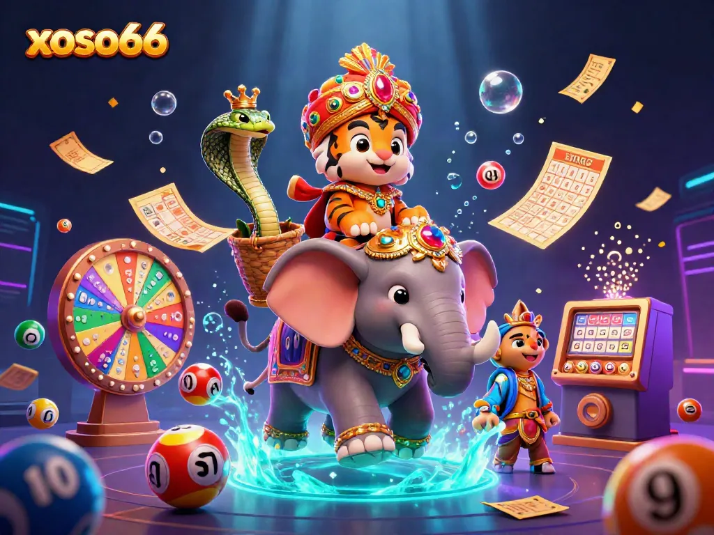 Xoso66 engages players with vibrant lottery elements, a royal tiger, and luxury casino symbols.