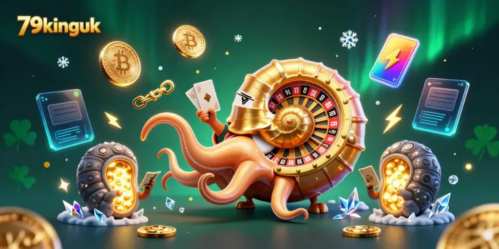 Experience the thrill at 79kinguk with a vibrant 3D casino scene filled with colorful elements.