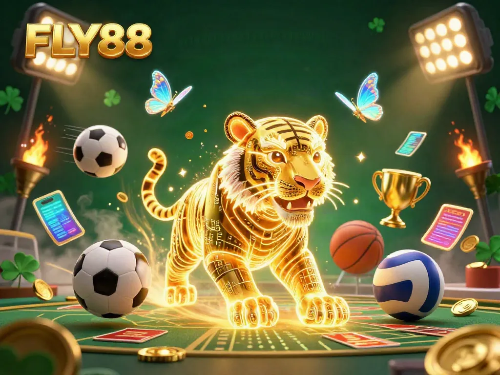 FLY88's vibrant digital casino scene showcases a golden tiger and sports elements, epitomizing thrilling gaming.
