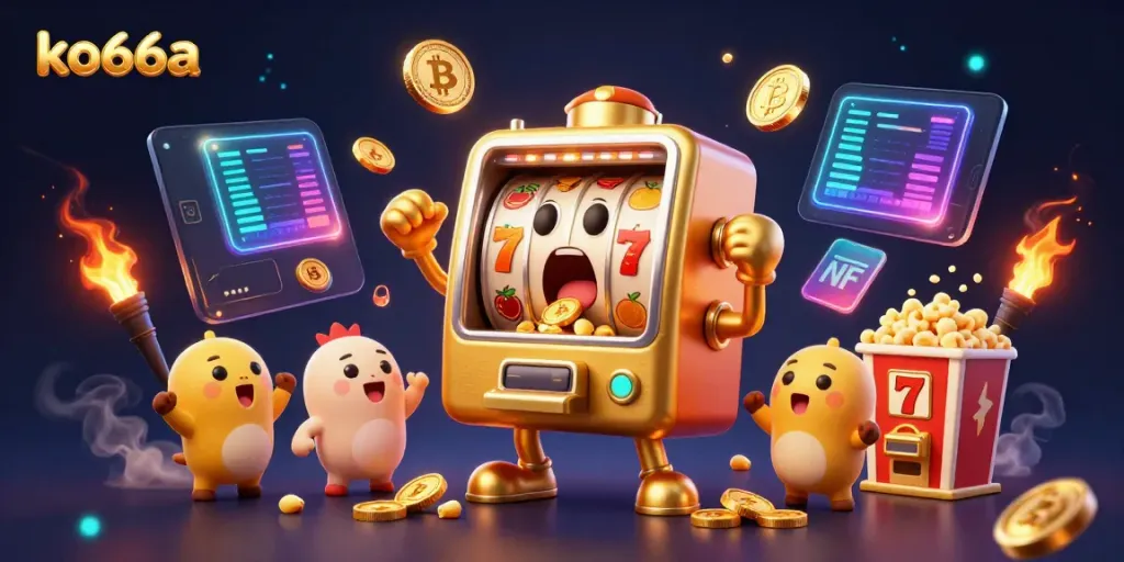 Experience jackpot excitement with ko66a's golden slot machines celebrating wins in a vibrant casino scene.