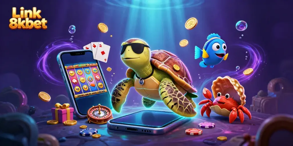 Experience excitement with Link 8kbet through this vibrant 3D casino-themed illustration.