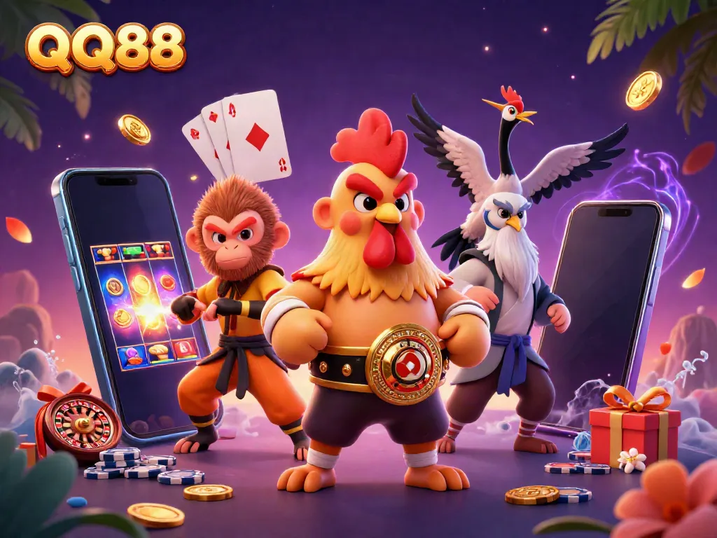 Engage in the thrilling world of QQ88 with characters symbolizing strength, strategy, and fortune.