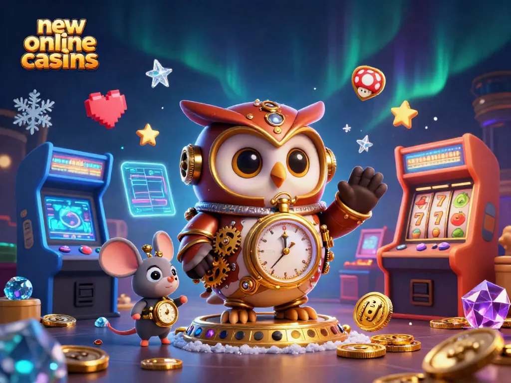 Win big at new online casinos with this vibrant 3D illustration of a steampunk owl and casino elements.