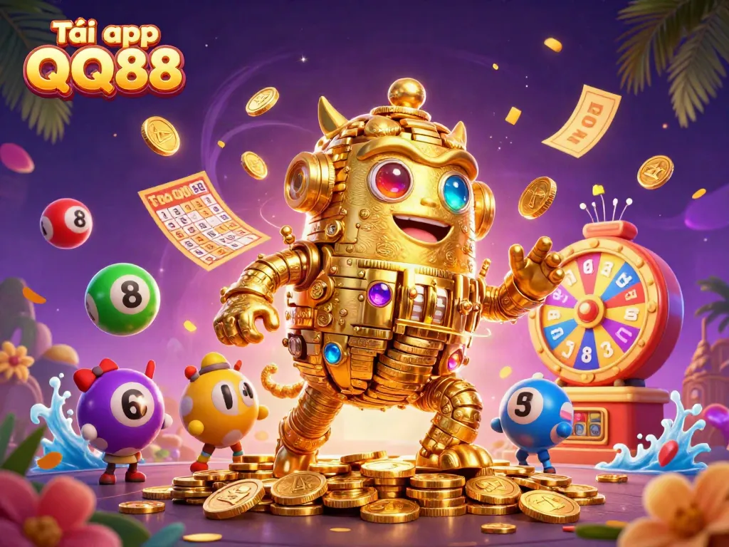 Tải app QQ88: Experience thrilling casino gaming with dynamic lottery balls and golden golem illustrations.