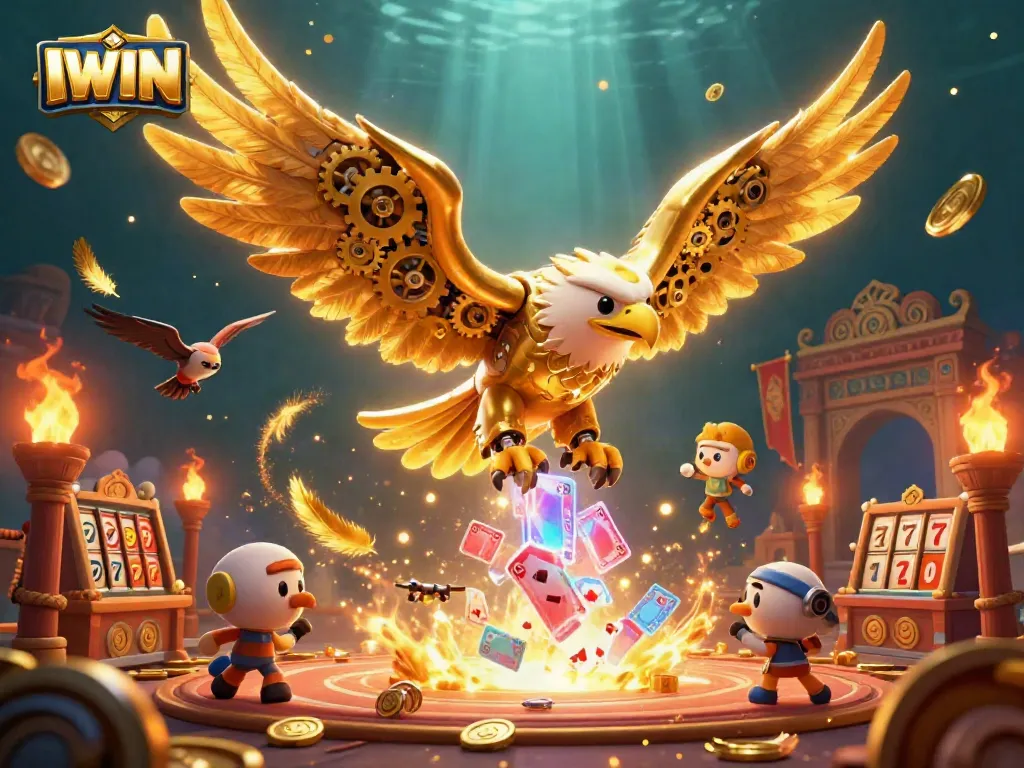 IWIN showcases a thrilling gaming scene with a cybernetic eagle diving amidst playing cards and casino elements.