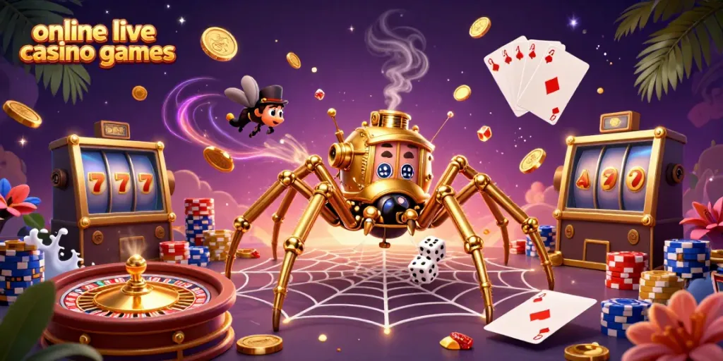 Experience thrilling online live casino games with dynamic characters and vibrant elements in this rich 3D illustration.