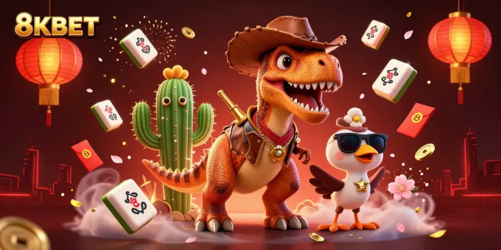 Experience thrilling action at 8KBET with colorful characters in a vibrant casino-themed scene.