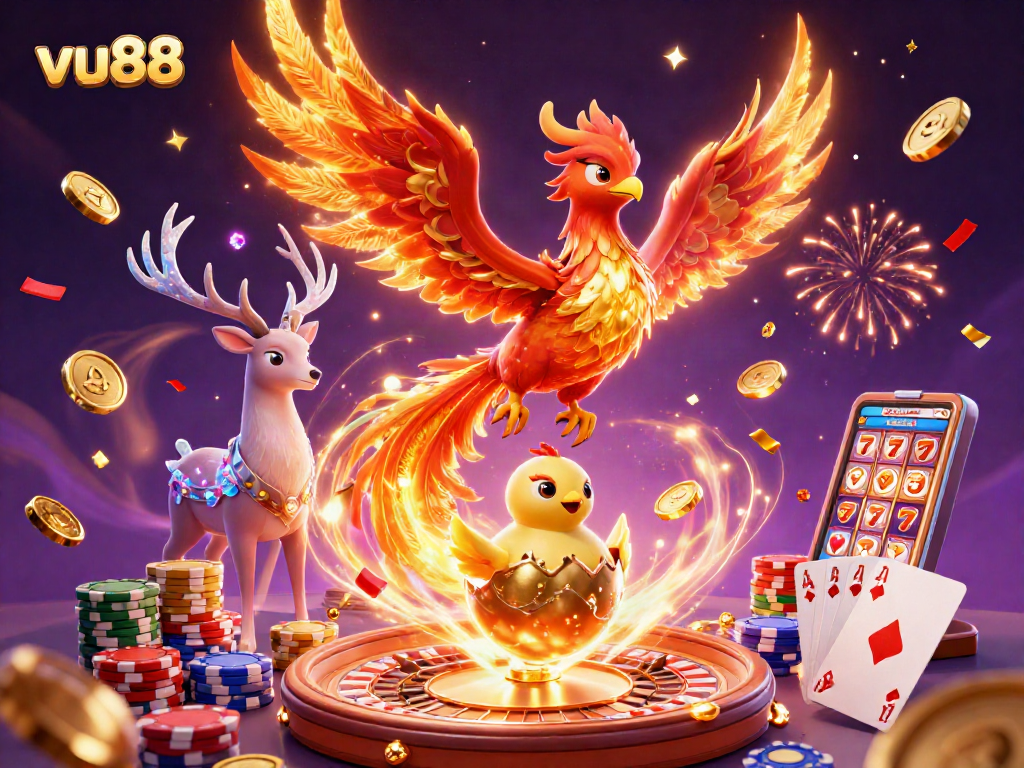 Experience thrilling wins at vu88 with an ultra-detailed 3D illustration of casino excitement.
