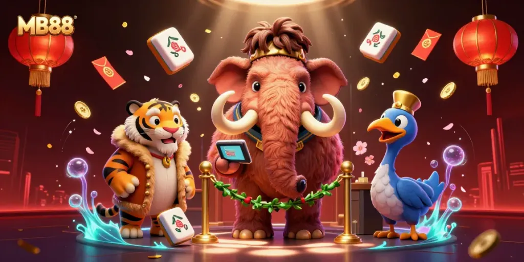 Experience the thrill at MB88 Casino with a vibrant scene featuring playful characters and lively game elements.