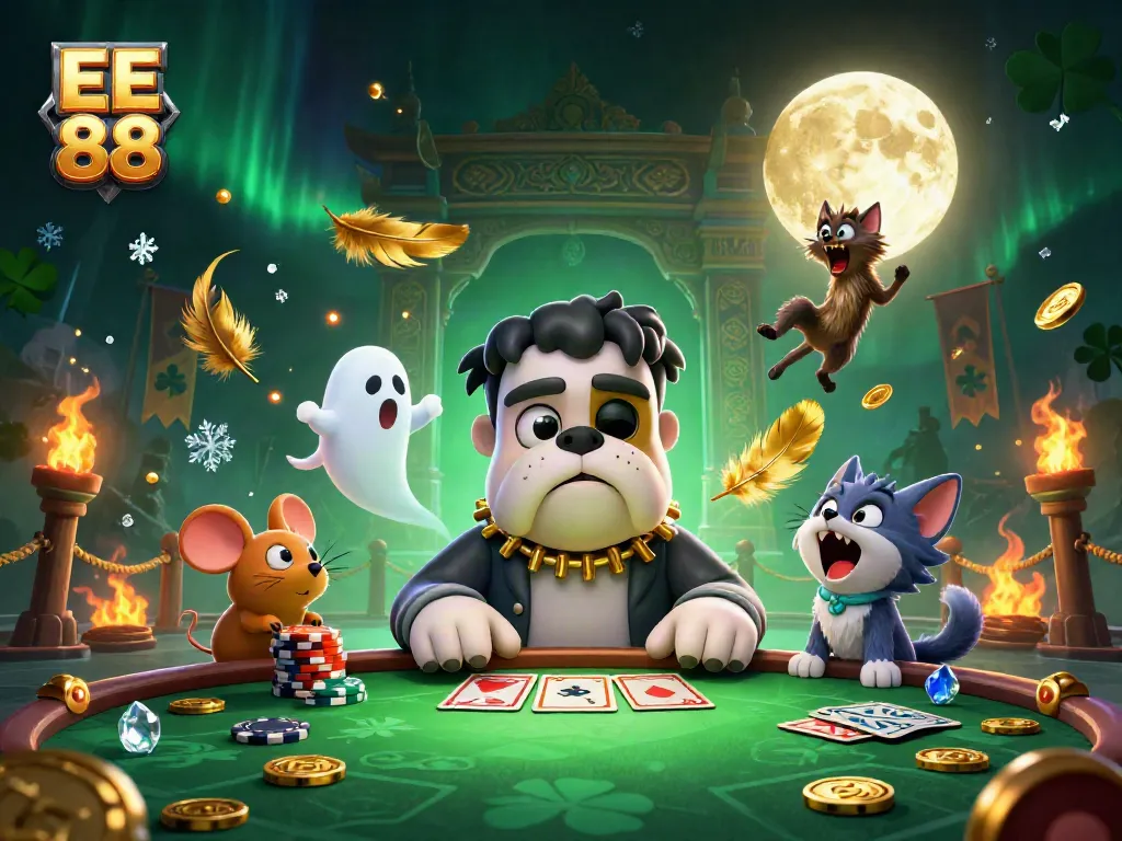 Engage in thrilling card games with EE 88, featuring a cartoon bulldog dealer at a spooky glow table.