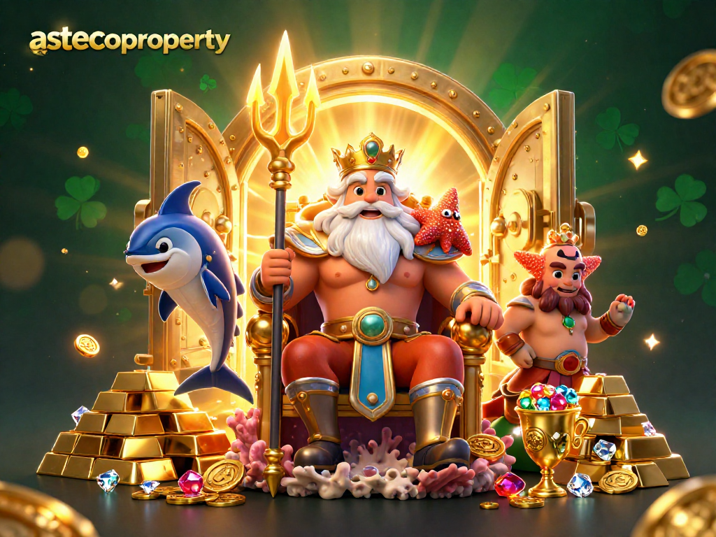 Play exciting games at astecoproperty featuring Neptune and treasure elements in a vibrant casino illustration.