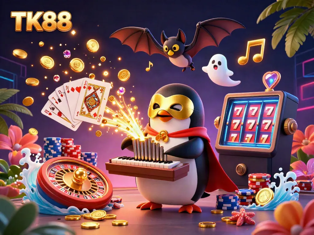 Experience casino excitement with TK88 featuring a penguin organist, golden coins, and vibrant gambling elements.
