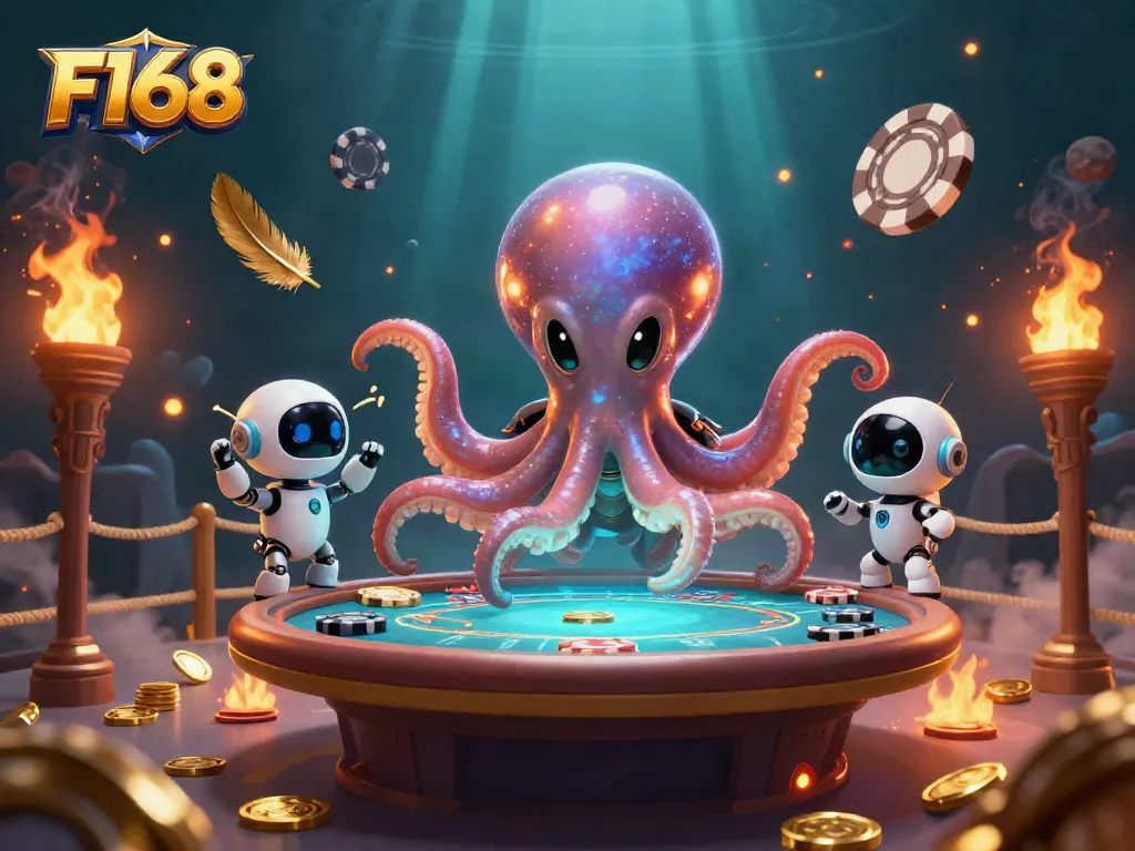 Experience the vibrant F168 casino scene with an alien octopus and poker elements.