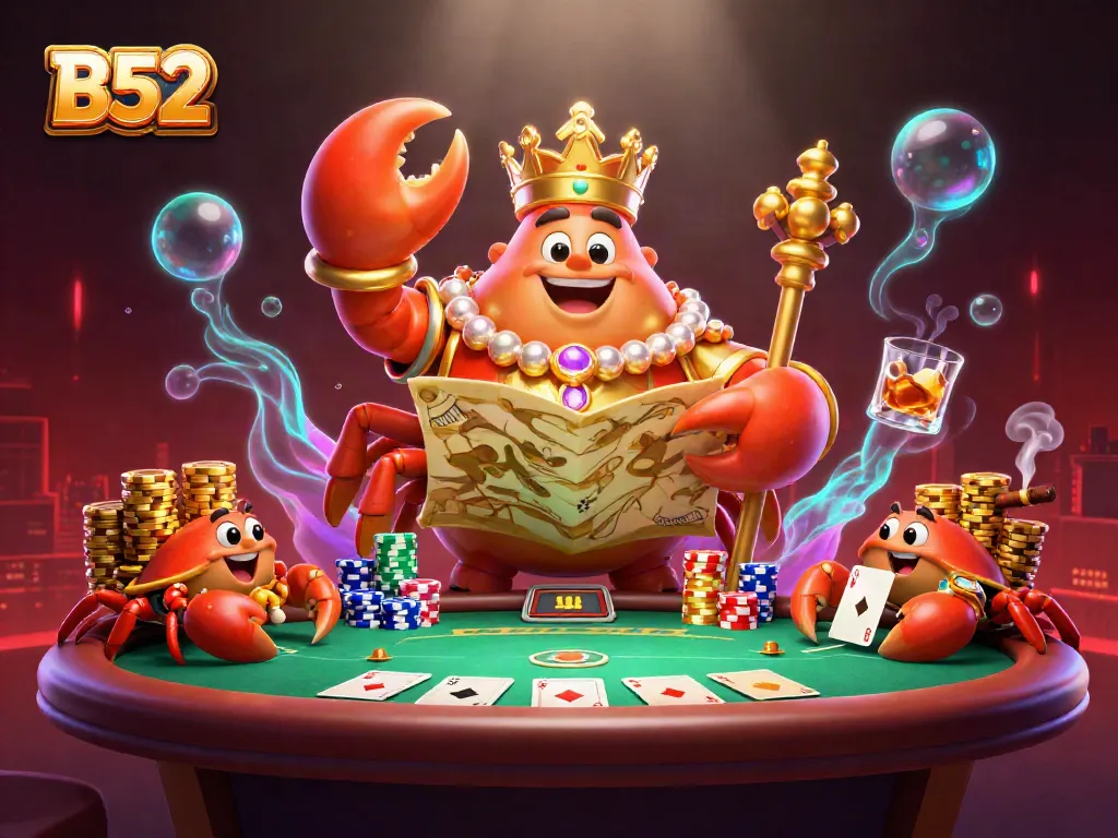 B52 casino scene depicting a golden crab emperor surrounded by poker elements, showcasing thrilling gambling activity.