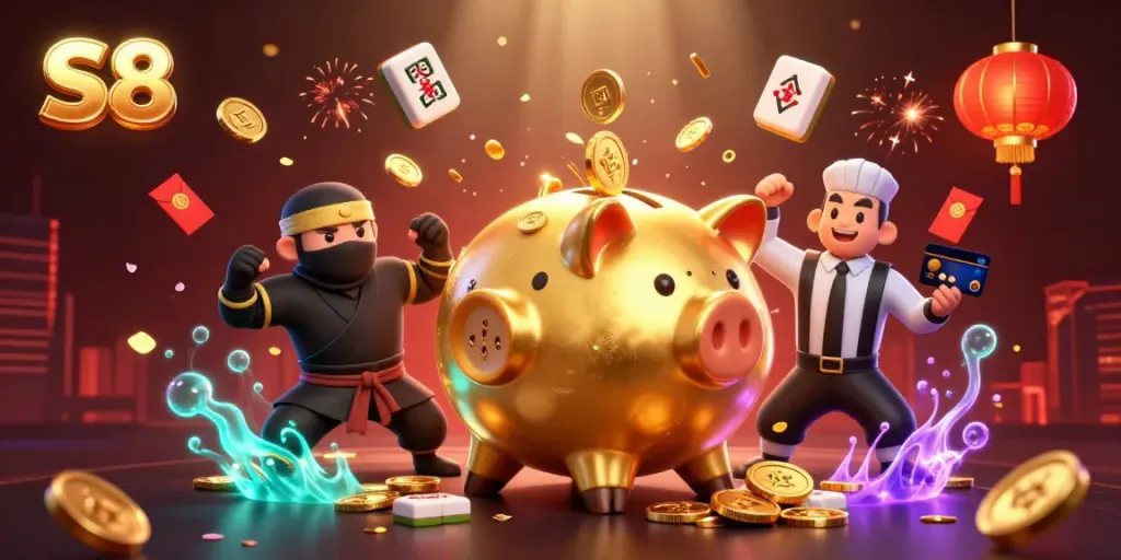 Experience exciting gameplay at S8 with a dynamic scene of a sumo wrestler piggy bank and ninja opponents.