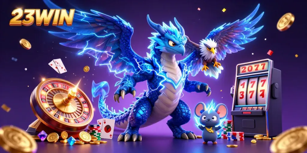 Experience thrills at 23WIN with thrilling characters and dynamic casino elements in a vibrant 3D illustration.