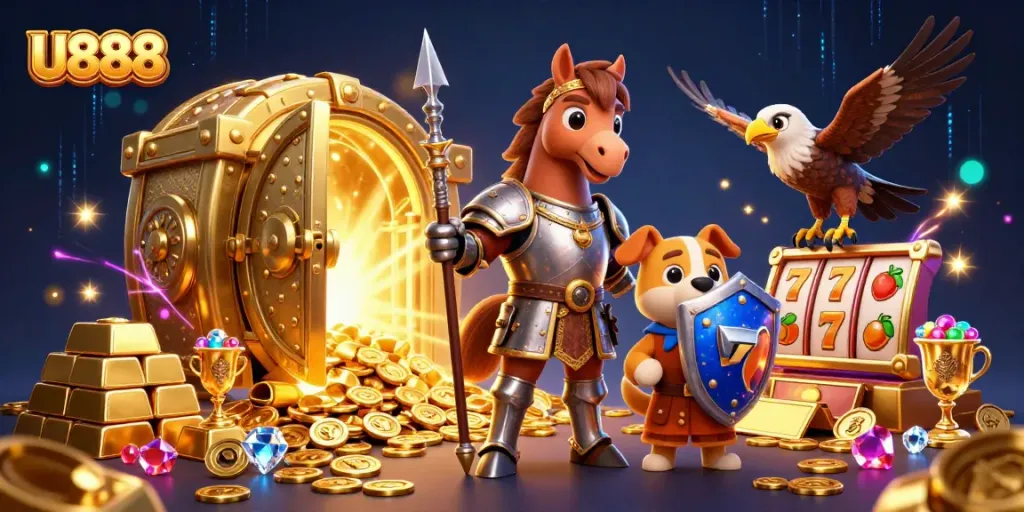 Win big with U888 in a vibrant animated casino scene featuring knights and treasures.