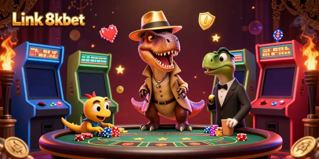 Engage in thrilling casino action with Link 8kbet as a velociraptor attempts to blend in at the blackjack table while a stegosaurus watches closely.