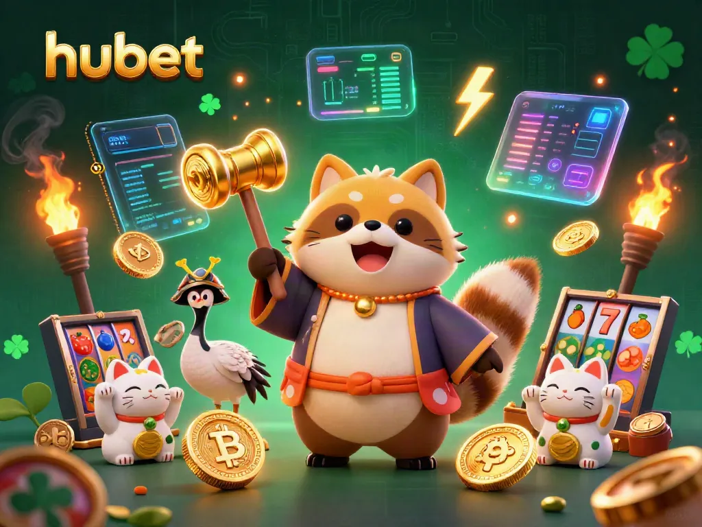 Experience luck with hubet by engaging in vibrant casino gaming represented by cheerful characters.
