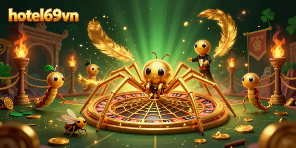 Engaging scene of a fly placing bets at hotel69vn's roulette web, surrounded by casino elements.