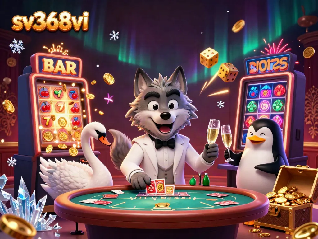 Experience the excitement at sv368vi with a 3D illustration featuring a debonair wolf, elegant swan, and sophisticated penguin in a casino scene.