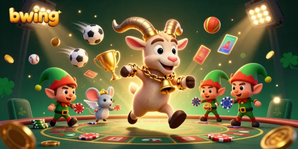 Bwing's interactive holiday-horror casino scene with Krampus, a mouse, and mischievous gremlins stealing chips.