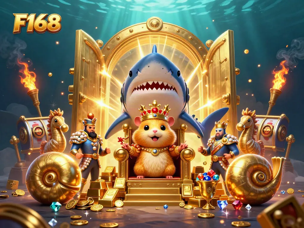 Experience the excitement of F168 with a vibrant underwater-themed casino illustration filled with treasures.
