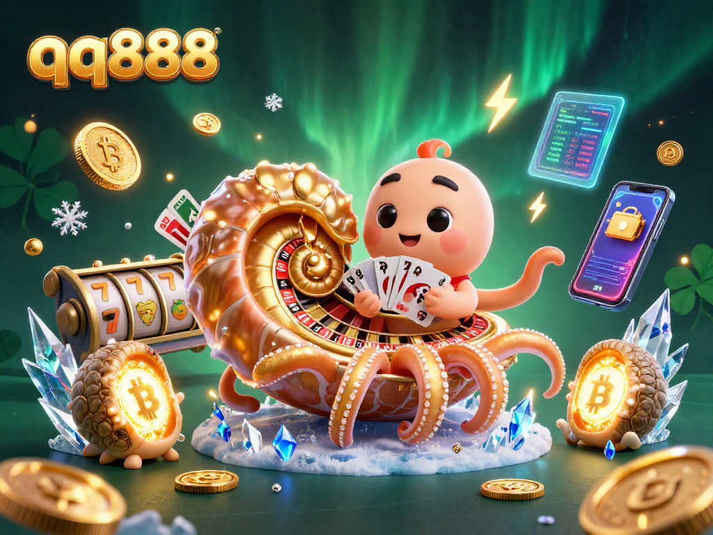 Engage with thrilling games at qq888 featuring a giant nautilus roulette wheel surrounded by crypto elements.