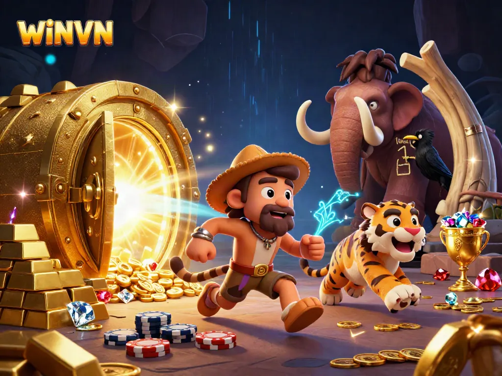 Experience dynamic gaming at WINVN with a vibrant prehistoric casino scene featuring caveman and tiger duo.