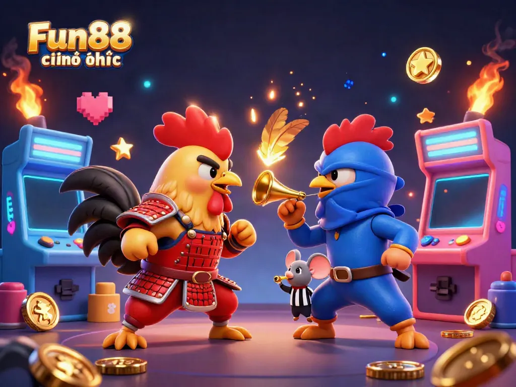 Experience the excitement at Fun88 chính thức with dynamic fighting roosters in a colorful casino arcade.