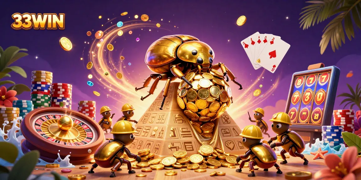 Experience the thrill of 33WIN with dynamic casino elements featuring golden beetles and coins.