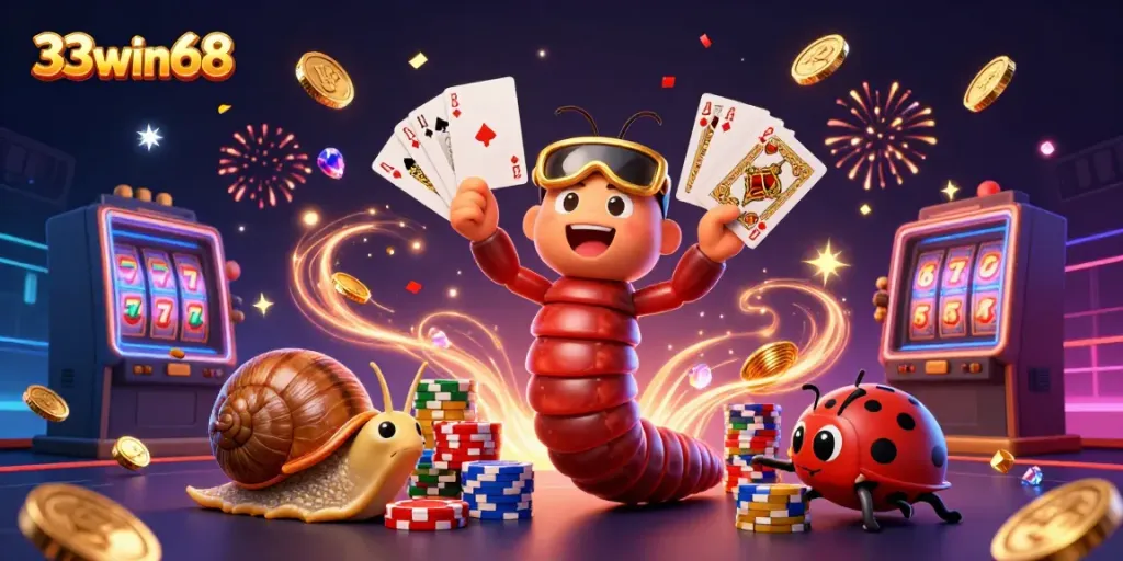 Experience the fun of gaming with 33win68 in a vibrant 3D casino illustration showcasing dynamic characters and gold coins.