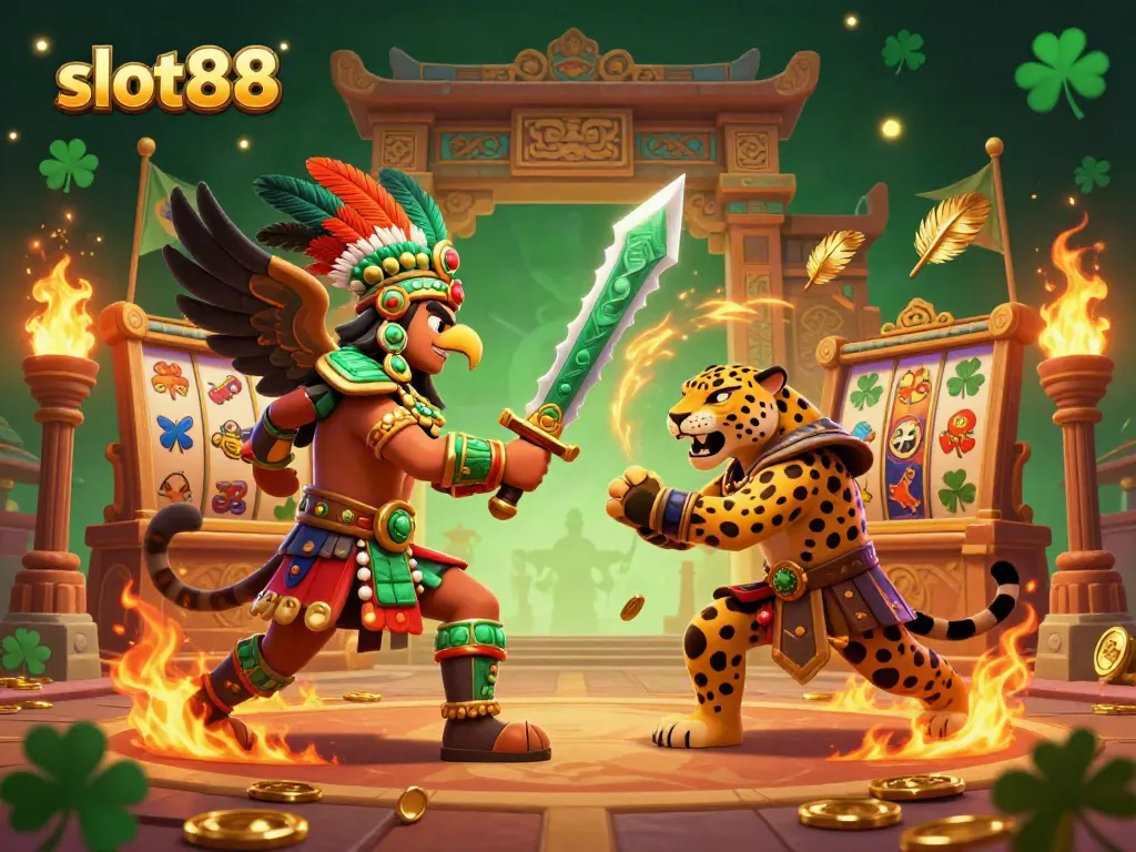Experience the excitement of slot88 with a thrilling Aztec warrior scene packed with dynamic slot reels and gold coins.