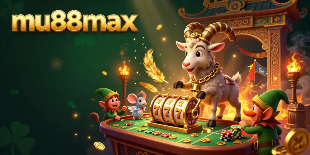 Join mu88max in a vibrant casino scene with Krampus, an angel mouse, and mischievous gremlins enhancing the betting thrill.