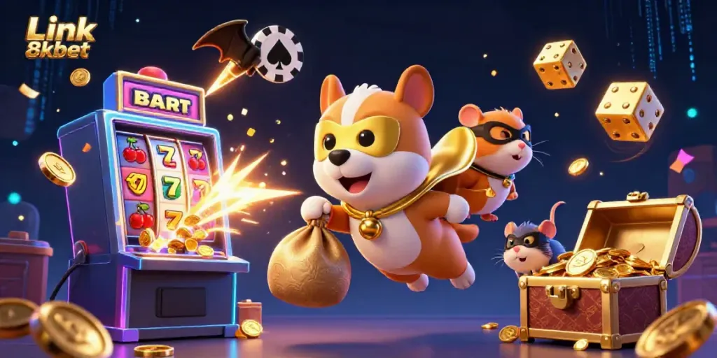 Catch the excitement of Link 8kbet as a superhero dog soars above a jackpot explosion of casino elements.