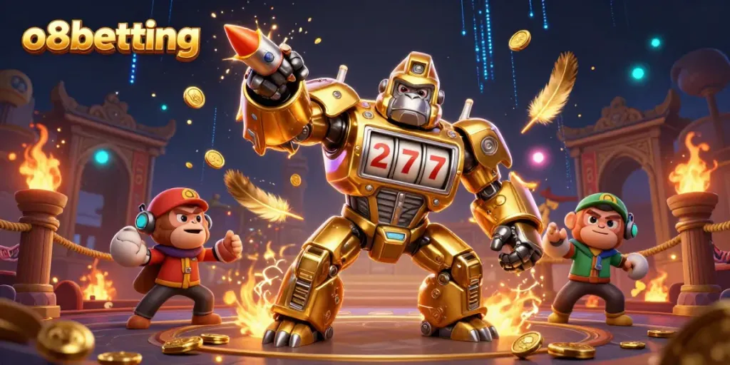 Engage in thrilling gameplay at o8betting with an electrifying golden gorilla mech amid lavish casino action.